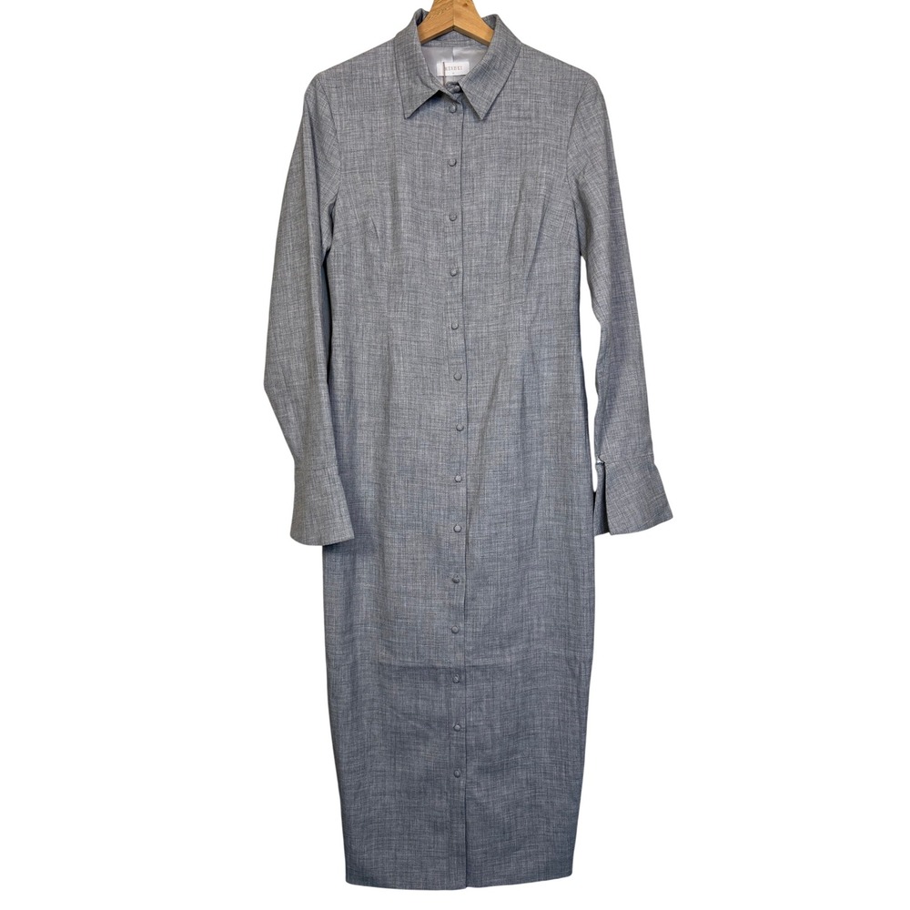 MESHKI Dorian Fitted Shirt Midi Dress Medium Charcoal Marle Minimalist Career - Picture 2 of 16